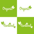 Organic and natural logo or label set. Healthy food and product icons with green leaf. Vector illustration Royalty Free Stock Photo